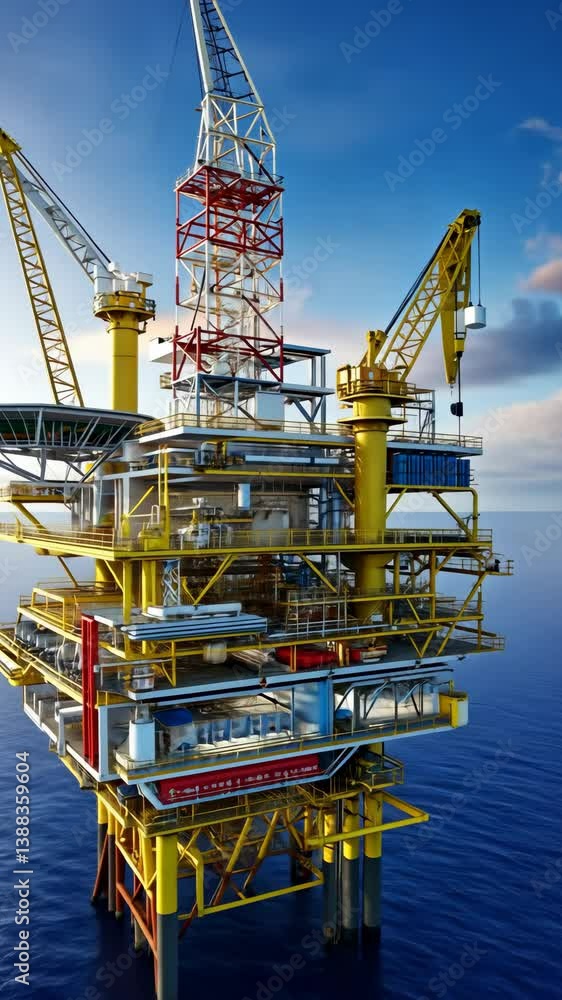 Complex offshore drilling platform in calm blue ocean under sunny sky, detailed structure with yellow support pillars and cranes Complex offshore drilling platform in calm blue ocean under sunny sky, detailed structure with yellow support pillars and cranes