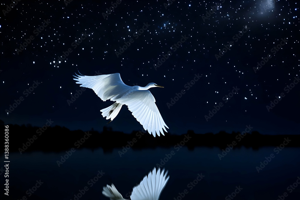Obraz premium A solitary white bird soars under a dark starry night sky