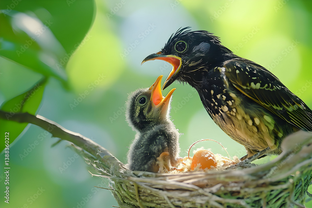 Fototapeta premium A parent bird feeding its baby bird in their woven nest