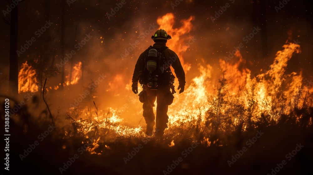 Fototapeta premium Firefighter fighting extinguishing wild fire in forest.