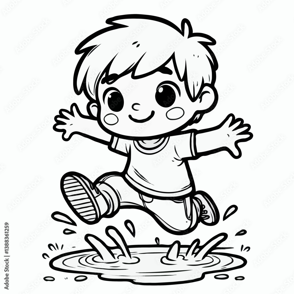 Happy boy jumping in puddle in cartoon vector scene Happy boy jumping in puddle in cartoon vector scene