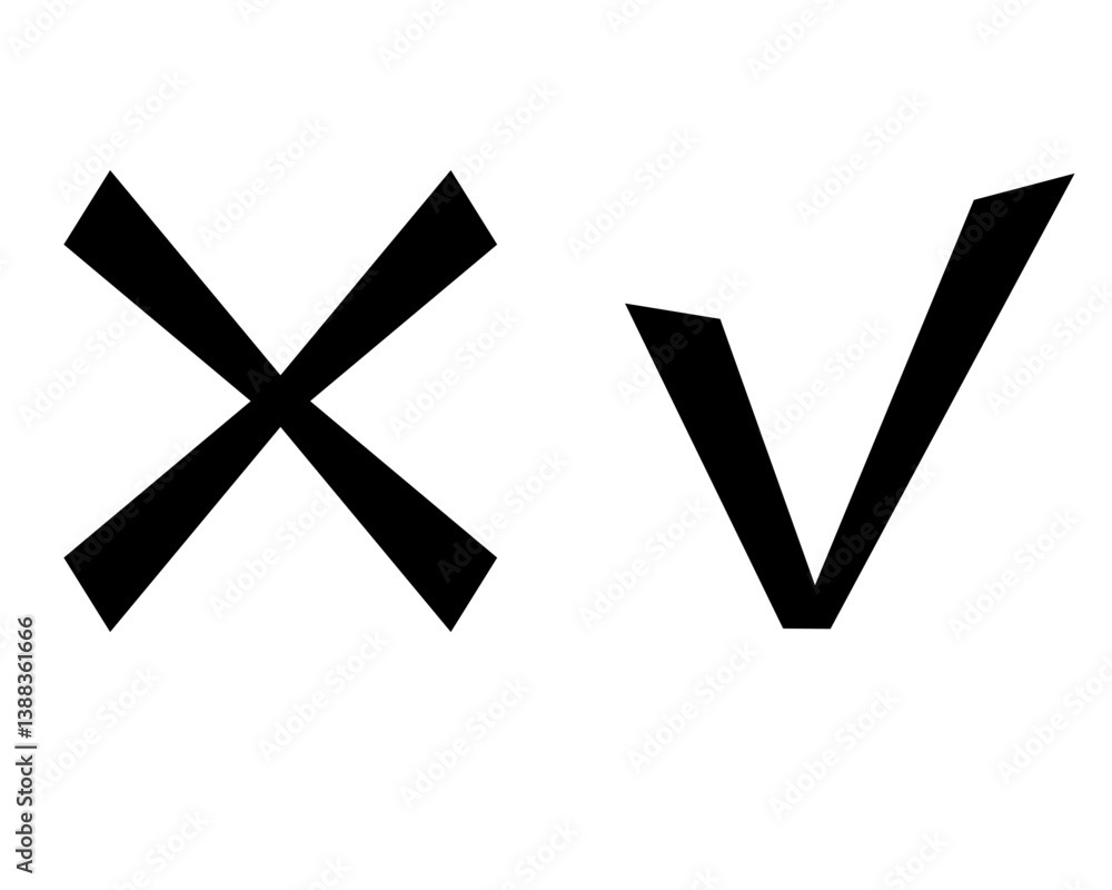 Obraz premium Check mark and cross mark icon - vector silhouette image. Strikethrough prohibition sign and check mark consent sign