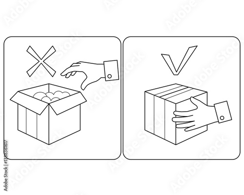 Do not open boxes, take them closed, Check mark and cross mark icon - vector linear image for coloring. Outline. Do not unpack parcels.
