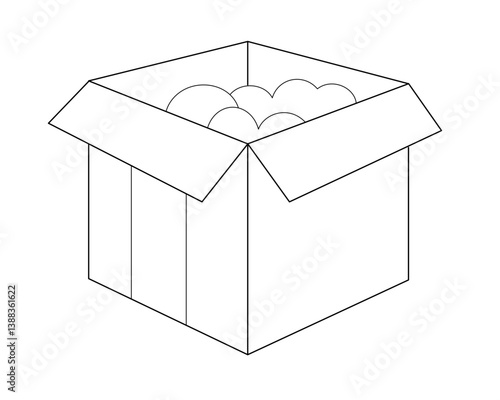 Cardboard box with goods, open parcel - vector linear picture for coloring. Outline. Packaging, open box, receiving parcel.