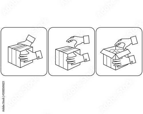 Process Unpacking a box with a purchase, hands open a cardboard box - linear vector image for coloring. Outline. Receiving a parcel unpacking, online shopping.