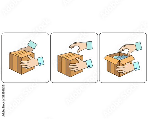 Process Unpacking a parcel, a box with a purchase, hands open a cardboard box - vector full-color image. Receiving a parcel unpacking, online shopping.