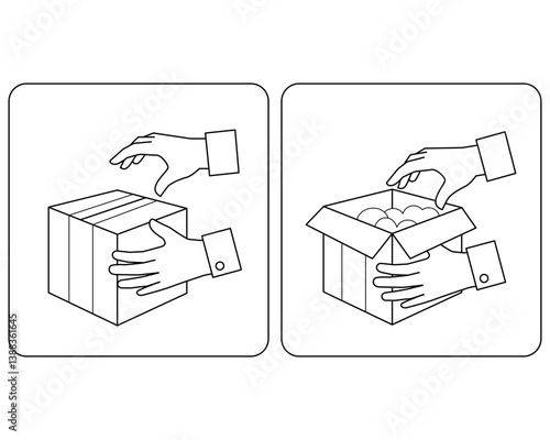 Process Unpacking a box with a purchase, hands open a cardboard box - linear vector image for coloring. Outline. Receiving a parcel unpacking, online shopping.