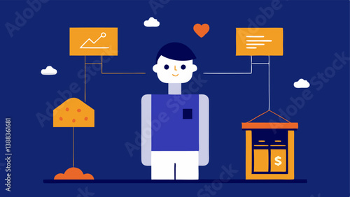 Personalized Recommendations via AI An illustration of a kiosk analyzing customer preferences using simple graphics leading to tailored product suggestions based on the customers