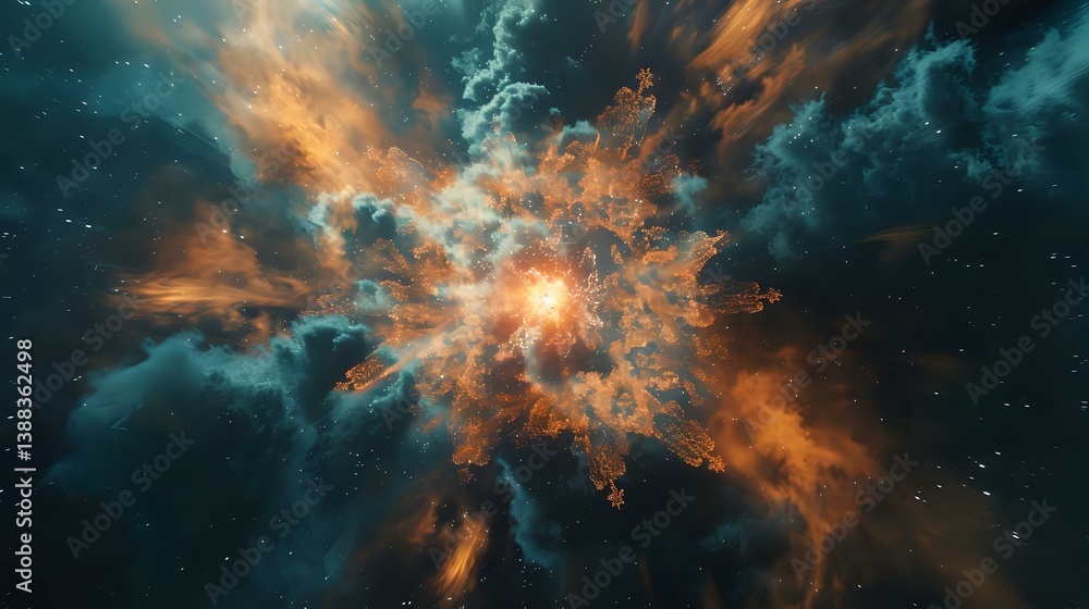 Dramatic cosmic explosion with vibrant orange and teal nebula clouds swirling in deep space, stars scattered across dark universe background. Dramatic cosmic explosion with vibrant orange and teal nebula clouds swirling in deep space, stars scattered across dark universe background.