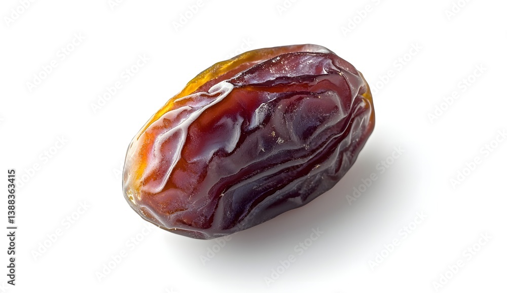 Glossy date, showcasing wrinkles and translucence against white backdrop Glossy date, showcasing wrinkles and translucence against white backdrop