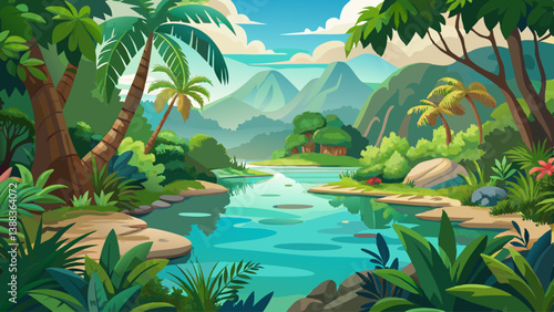 A serene freshwater lagoon surrounded by lush tropical vegetation and calm, crystal-clear waters.