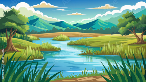 A quiet lagoon with grassy banks and gentle ripples from a soft breeze.