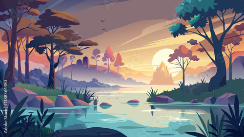 Tranquil lagoon landscape at dawn, with mist rising from the water and silhouettes of trees.