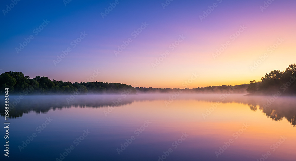 Naklejka premium Serene Sunrise over Misty Lake with Colorful Sky and Trees