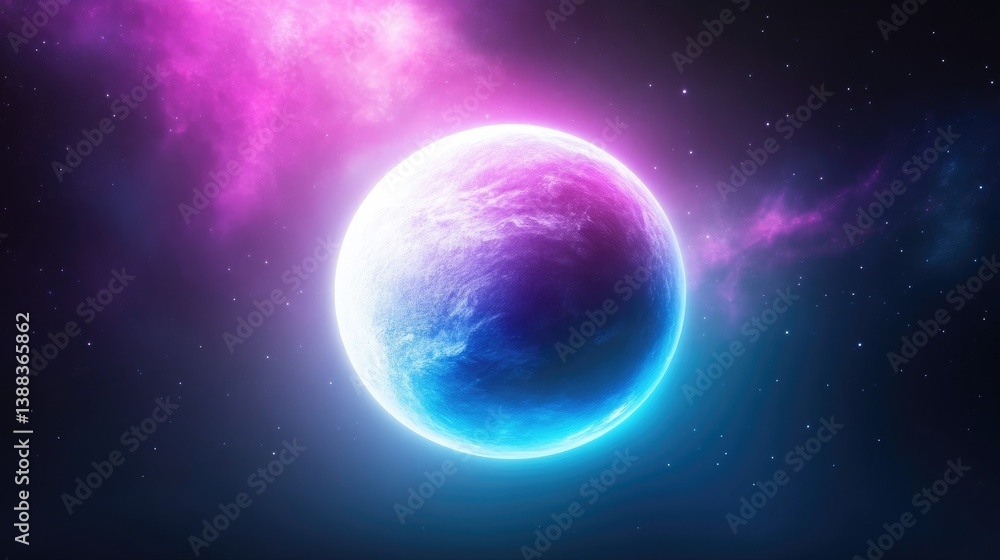 Fototapeta premium A vibrant, glowing planet dominates the image, its surface a blend of blue and purple hues. Pink nebulae softly illuminate the background, scattered with stars. The image boasts high-quality resoluti