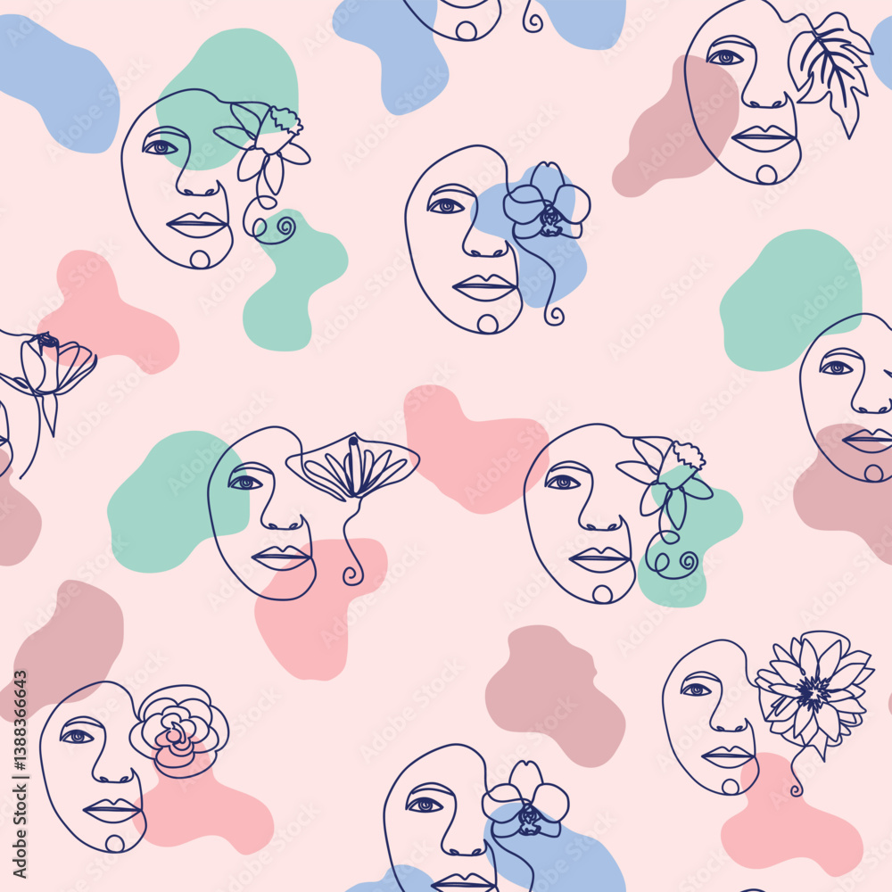 Obraz premium Female portrait Outline woman face, abstract flowers leaves, line continuous drawing vector seamless pattern