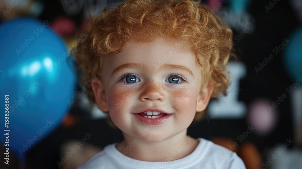Happy toddler with bright blue eyes and curly red hair, smiling broadly. A joyful expression against a colorful birthday backdrop Happy toddler with bright blue eyes and curly red hair, smiling broadly. A joyful expression against a colorful birthday backdrop
