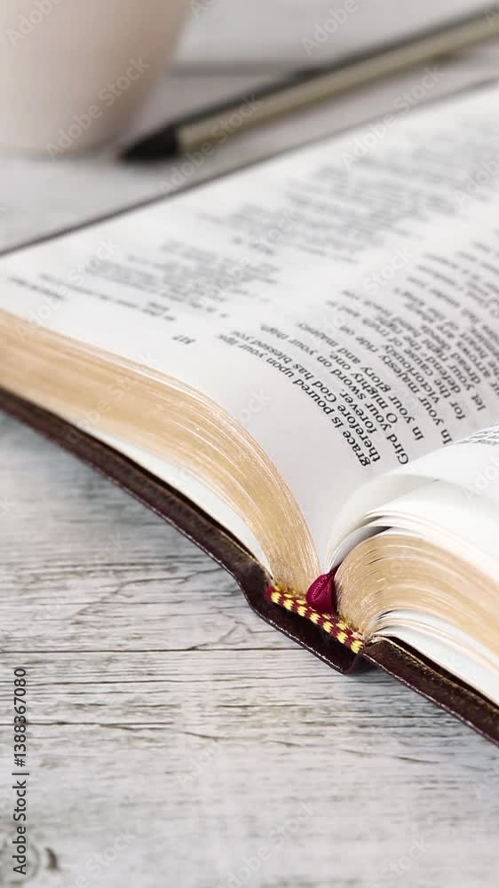 Turning pages of open holy bible book. Vertical video. Close-up. Christian Scripture study and reading, biblical concept. Turning pages of open holy bible book. Vertical video. Close-up. Christian Scripture study and reading, biblical concept.