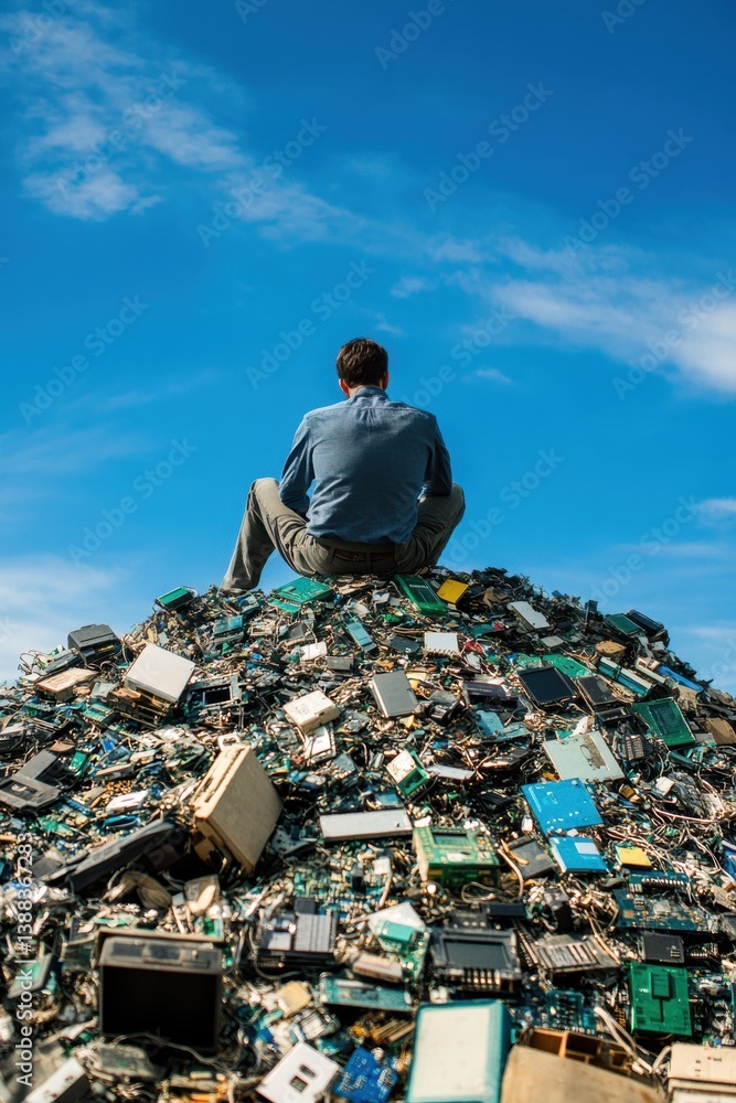 Man on top of a mountain of electronic waste