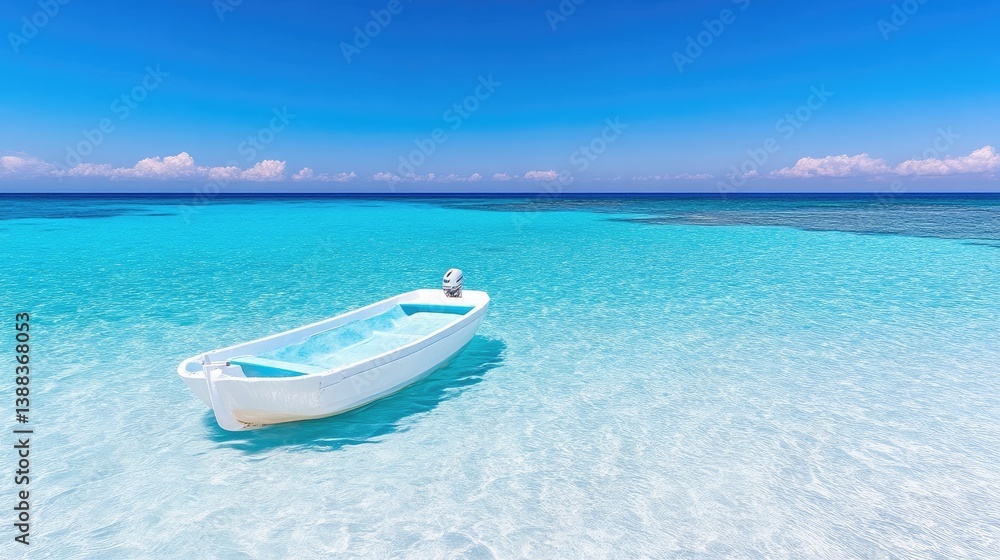A small white boat floats in calm, turquoise water. The composition is serene, showing a clear sky and tranquil ocean. The image is high-resolution, with vibrant colors and natural lighting. It has A small white boat floats in calm, turquoise water. The composition is serene, showing a clear sky and tranquil ocean. The image is high-resolution, with vibrant colors and natural lighting. It has