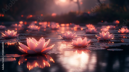 A tranquil cyberpunk garden filled with floating lotus flowers, gentle bioluminescent glow reflecting off a still pond, soft lofi beats filling the atmosphere,