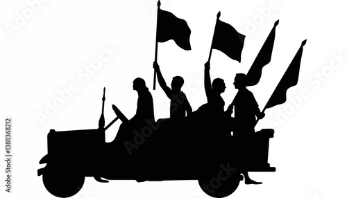 Silhouette of parade float with flag bearers, celebration symbolism
