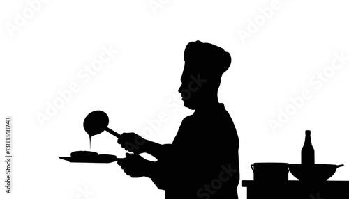 Chef flipping pancakes in silhouette, culinary artistry