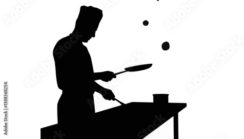 Chef flipping pancake in silhouette, culinary artistry
