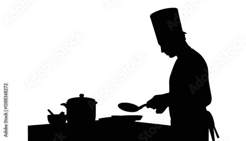 Silhouette of a chef flipping pancakes in the kitchen, culinary art