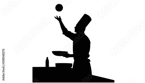 Chef flipping pancake in silhouette, culinary artistry