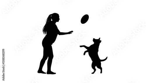 Joyful silhouette of a person playing with a dog, fun and companionship
