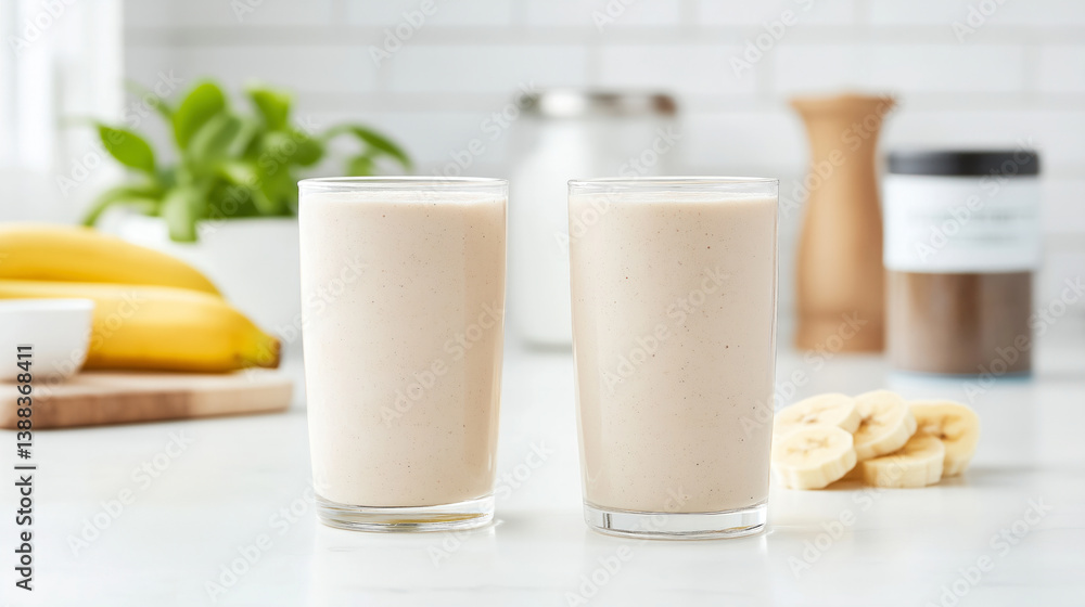 Healthy banana smoothies in clear glasses on a kitchen countertop Healthy banana smoothies in clear glasses on a kitchen countertop