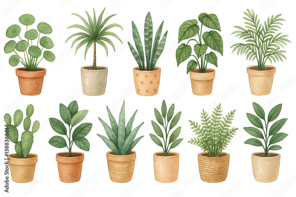 Obraz premium PNG watercolor houseplant set with potted greenery, tropical plants, succulents, cactus, monstera, palm, sansevieria isolated on transparent background. Botanical clipart, interior design elements