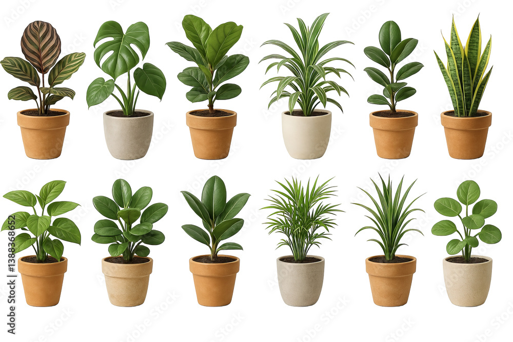 Fototapeta premium PNG houseplant set of potted indoor plants with green tropical foliage isolated on transparent background. Concept of home decor, botanical design elements, greenery, indoor jungle, clipart