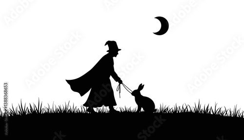 Magician pulling rabbit silhouette under moonlight, enchantment