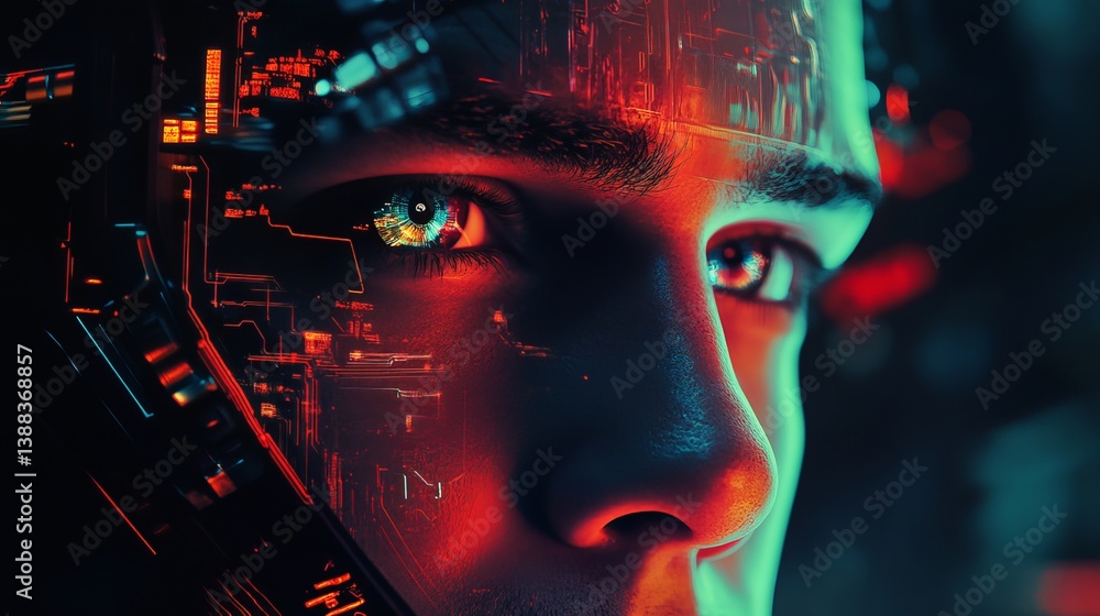 Close up of a person's face with digital overlay and colorful lighting in a futuristic style Close up of a person's face with digital overlay and colorful lighting in a futuristic style