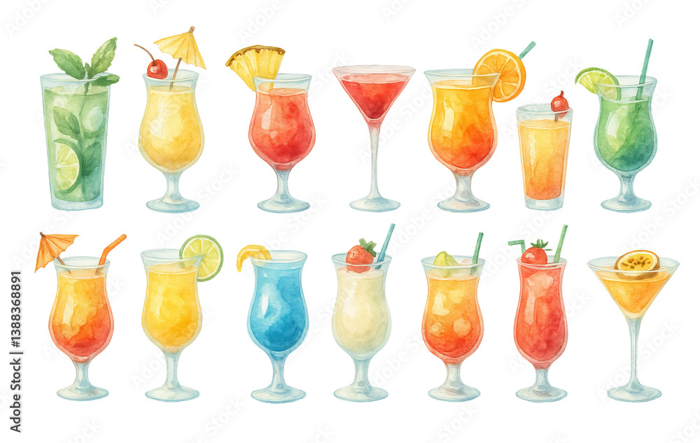 PNG Watercolor tropical cocktails set with citrus, berries, umbrellas and ice isolated on transparent background. Concept of summer drinks, clipart, vacation party element, bar design collection