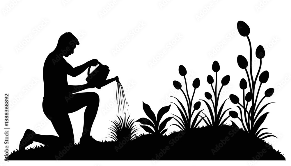 Silhouette of a person watering garden plants, nurturing growth