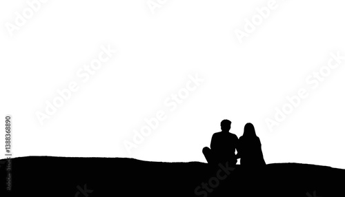Couple stargazing on hilltop silhouette at night, love and connection