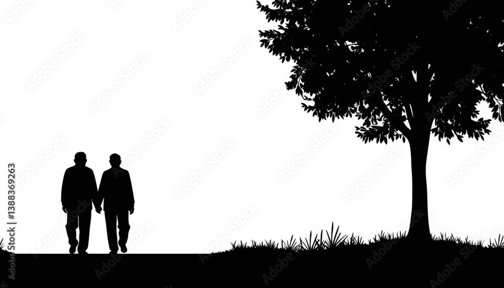 Elderly couple walking hand in hand down a path, enduring love Elderly couple walking hand in hand down a path, enduring love