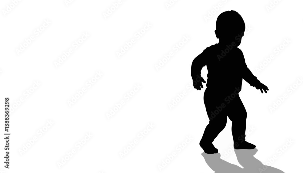 Toddler takes first steps in silhouette, learning to walk
