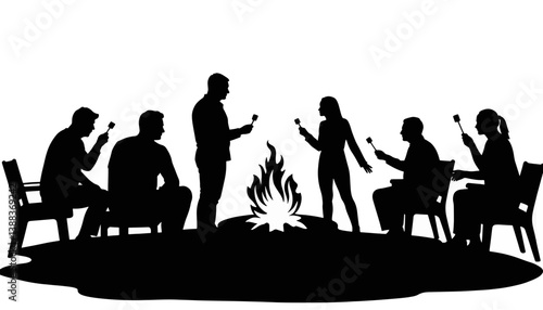 Silhouette group toasting marshmallows around fire pit, cozy gathering