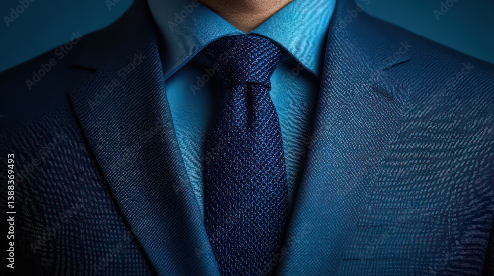 Close-up of a well-dressed person in a blue suit and tie, perfect for business concepts Close-up of a well-dressed person in a blue suit and tie, perfect for business concepts