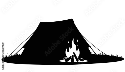 Silhouette of camping tent with blazing fire, outdoor adventure concept