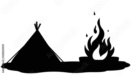 Silhouette of camping scene with tent and fire, outdoor adventure