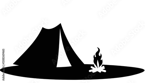 Silhouette of camping tent near fire pit, outdoor adventure