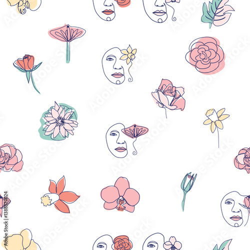 Woman face Continuous line seamless pattern. Abstract Female portrait with flowers. Drawing vector Wallpaper, fabric, wrapping paper, card, poster