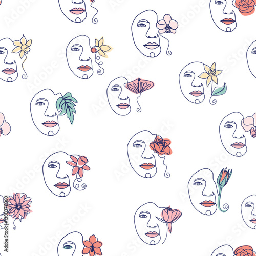 Woman face Continuous line seamless pattern. Abstract Female portrait with flowers. Drawing vector Wallpaper, fabric, wrapping paper, card, poster