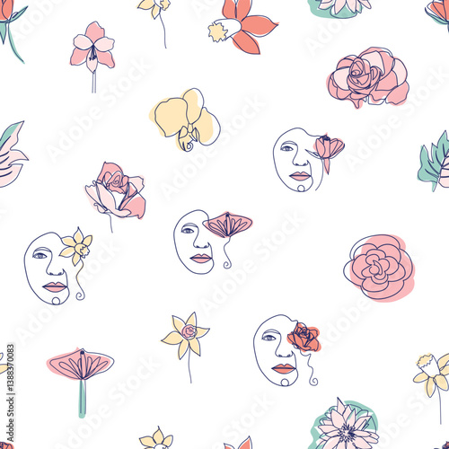 Woman face Continuous line seamless pattern. Abstract Female portrait with flowers. Drawing vector Wallpaper, fabric, wrapping paper, card, poster