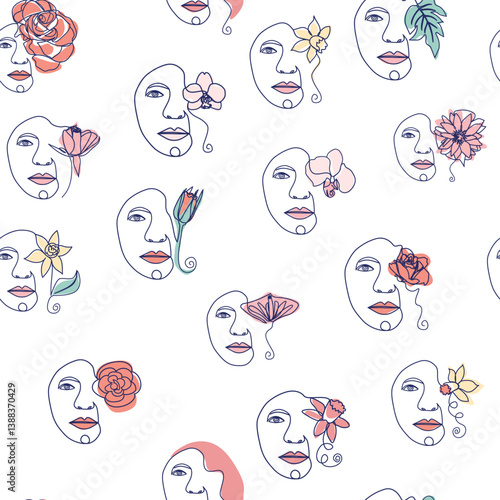 Woman face Continuous line seamless pattern. Abstract Female portrait with flowers. Drawing vector Wallpaper, fabric, wrapping paper, card, poster
